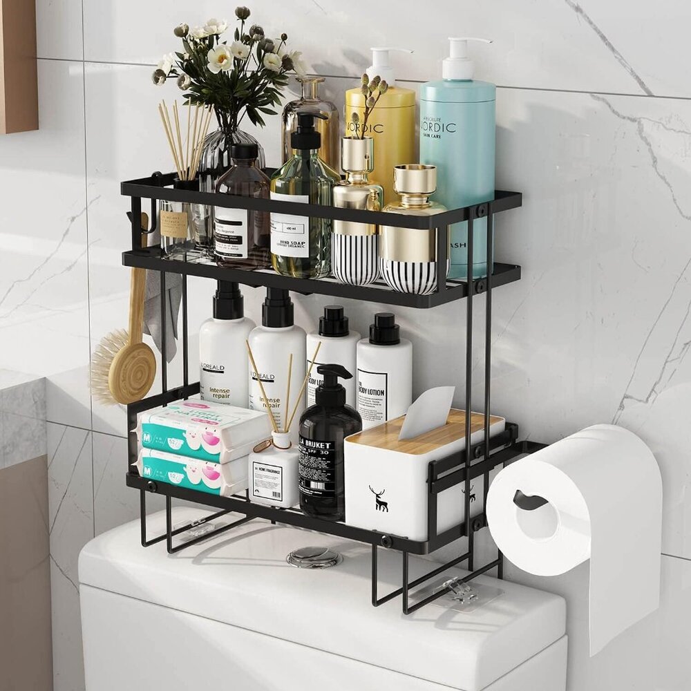 Bathroom Organizers, 2-Tier Over Toilet Storage, Floating Shelves With 2 Hooks &